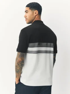Black/White 100% Cotton Short Sleeve Zip Neck Block Polo Shirt
