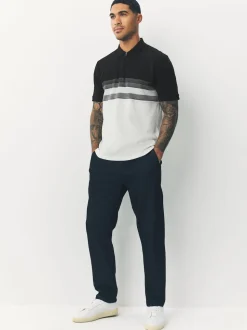 Black/White 100% Cotton Short Sleeve Zip Neck Block Polo Shirt