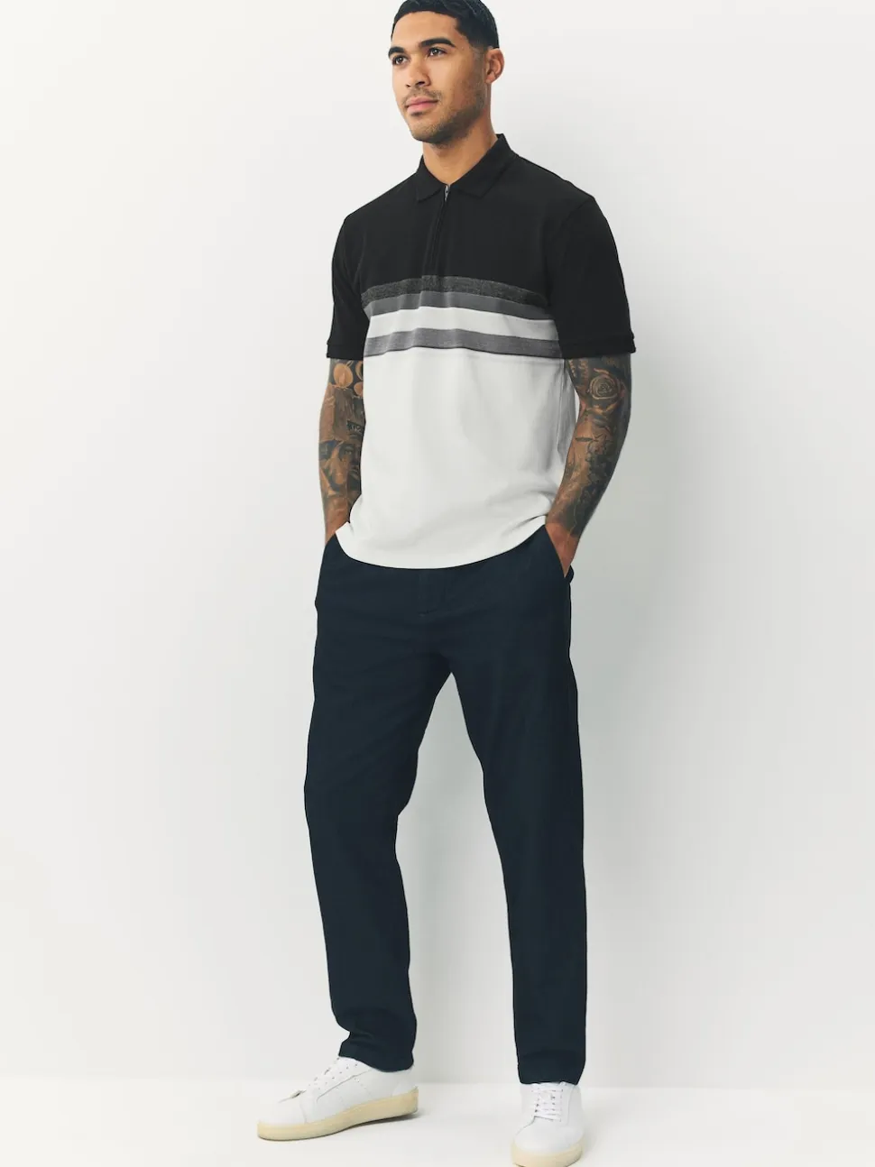 Black/White 100% Cotton Short Sleeve Zip Neck Block Polo Shirt