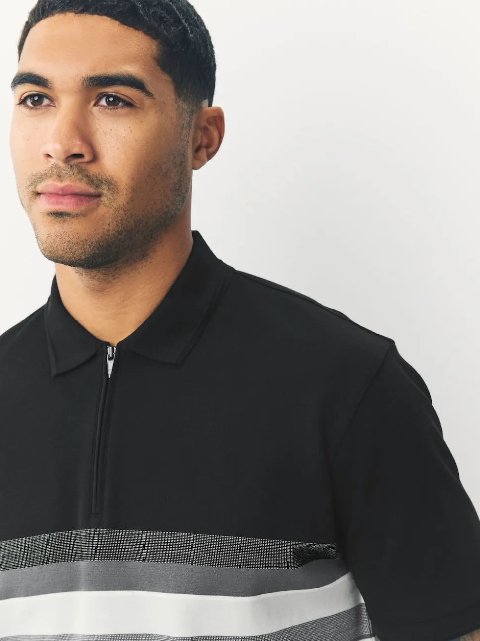 Black/White 100% Cotton Short Sleeve Zip Neck Block Polo Shirt