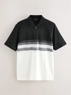Black/White 100% Cotton Short Sleeve Zip Neck Block Polo Shirt
