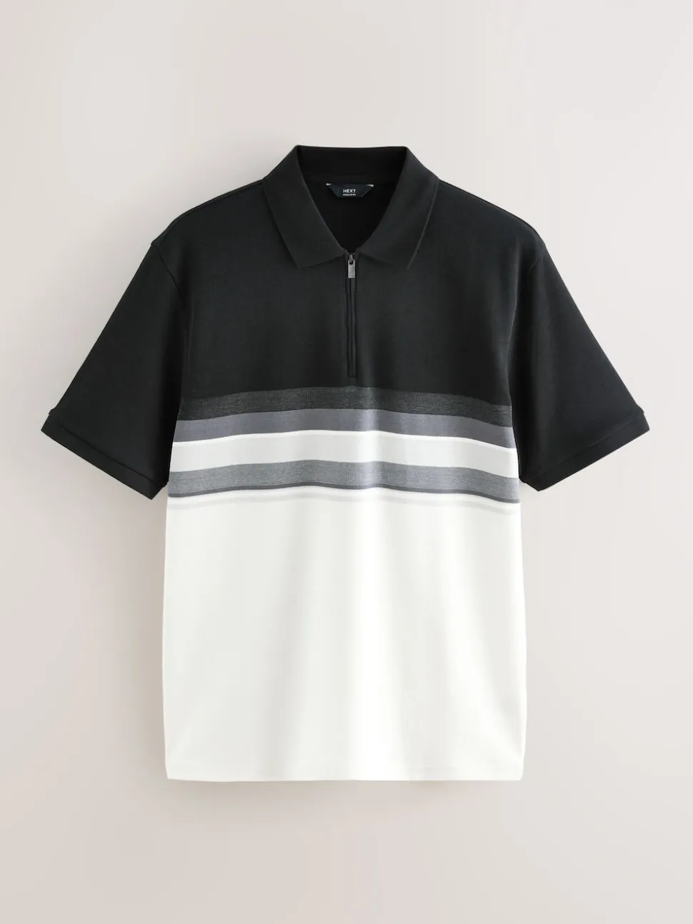 Black/White 100% Cotton Short Sleeve Zip Neck Block Polo Shirt