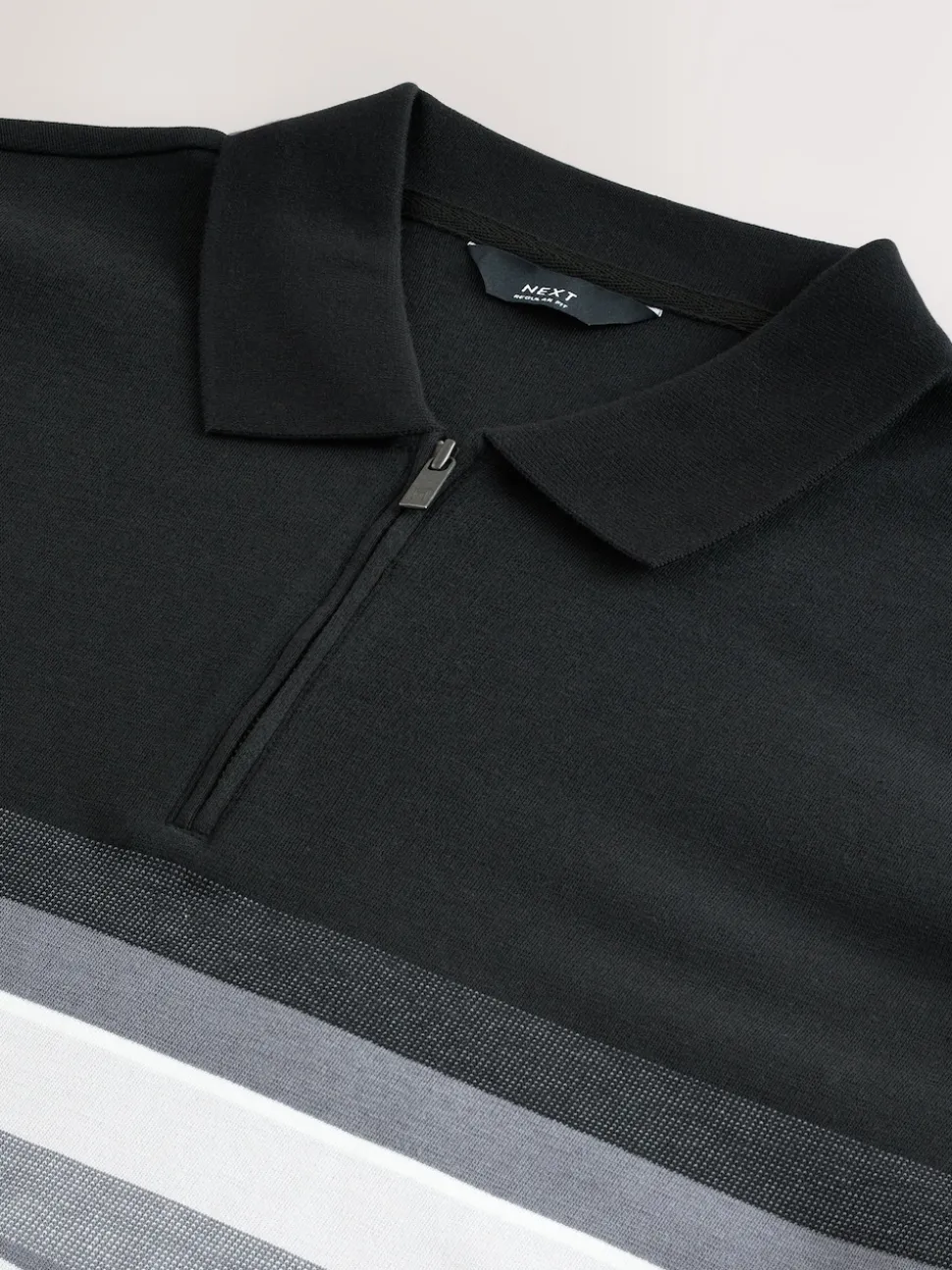 Black/White 100% Cotton Short Sleeve Zip Neck Block Polo Shirt