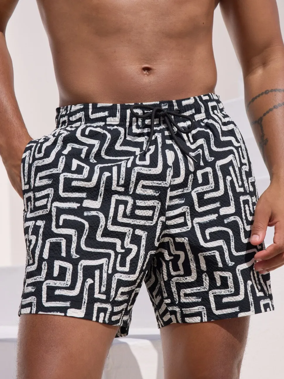 Black/White Printed Seersucker Swim Shorts