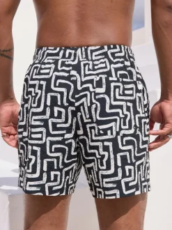Black/White Printed Seersucker Swim Shorts