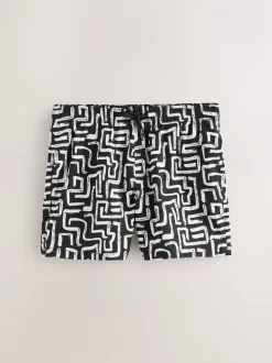 Black/White Printed Seersucker Swim Shorts