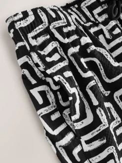Black/White Printed Seersucker Swim Shorts
