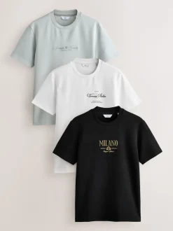 Black/White/Grey Embroidered Slim Fit Graphic Print T-Shirts 3 Pack