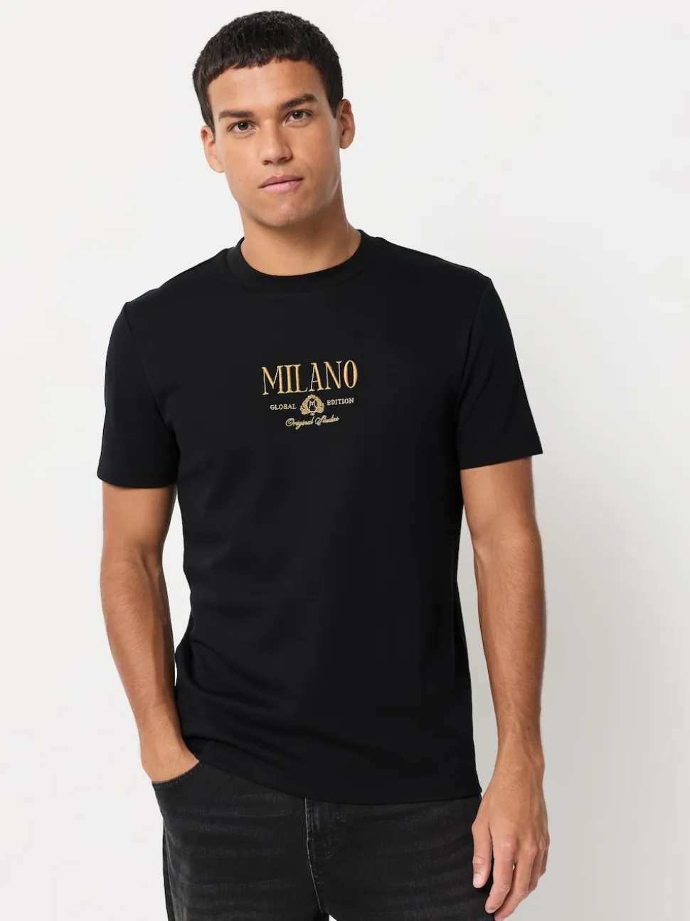 Black/White/Grey Embroidered Slim Fit Graphic Print T-Shirts 3 Pack