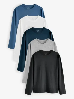 Black/White/Grey/Blue Slim Fit Regular Fit Long Sleeve 100% Cotton T-Shirts 5 Pack