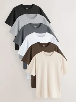 Black/White/Grey/Slate Grey/Stone/Brown Regular Fit Essential Cotton T-Shirts 6 Pack