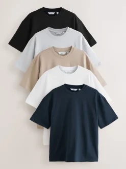 Black/White/Stone/Navy/Grey Relaxed Fit Heavyweight T-Shirts 5 Pack