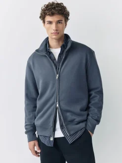 Blue Cotton Rich Jersey Full Zip Funnel Neck Sweatshirt