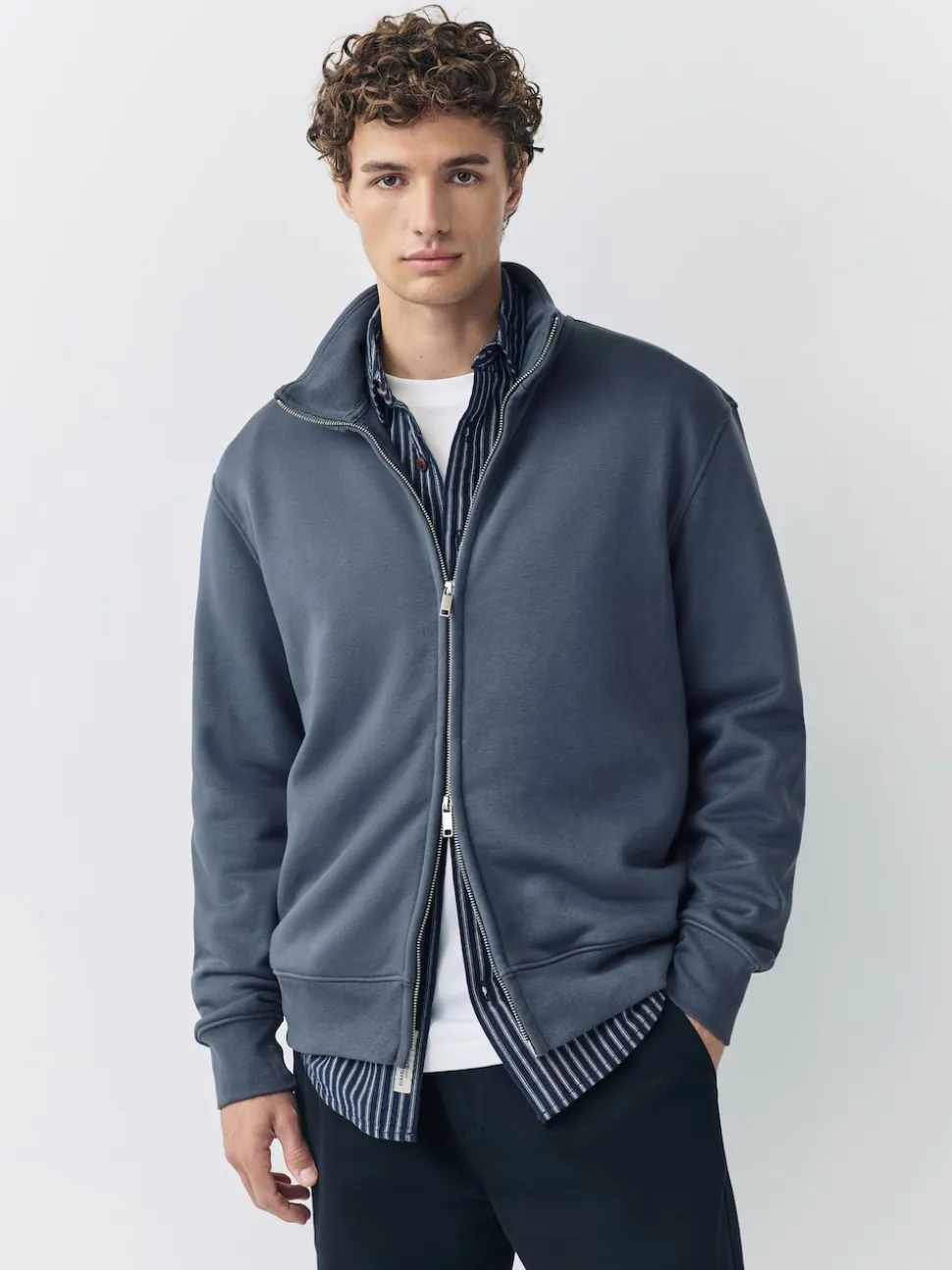 Blue Cotton Rich Jersey Full Zip Funnel Neck Sweatshirt