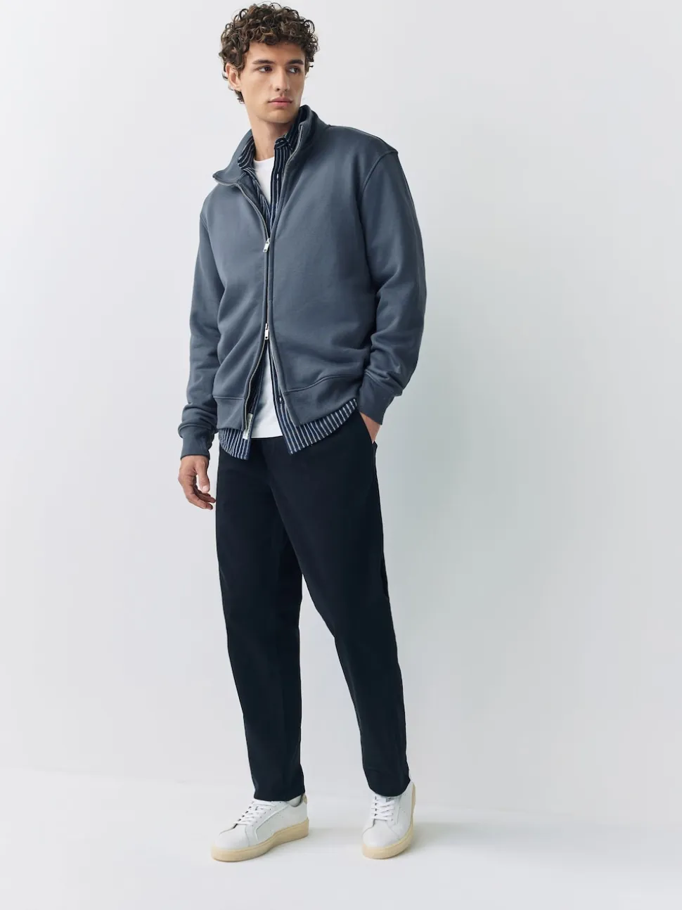Blue Cotton Rich Jersey Full Zip Funnel Neck Sweatshirt