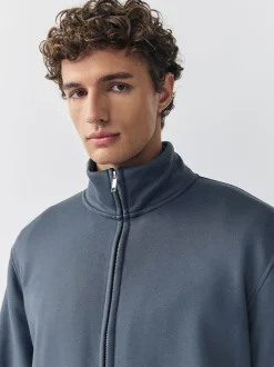 Blue Cotton Rich Jersey Full Zip Funnel Neck Sweatshirt