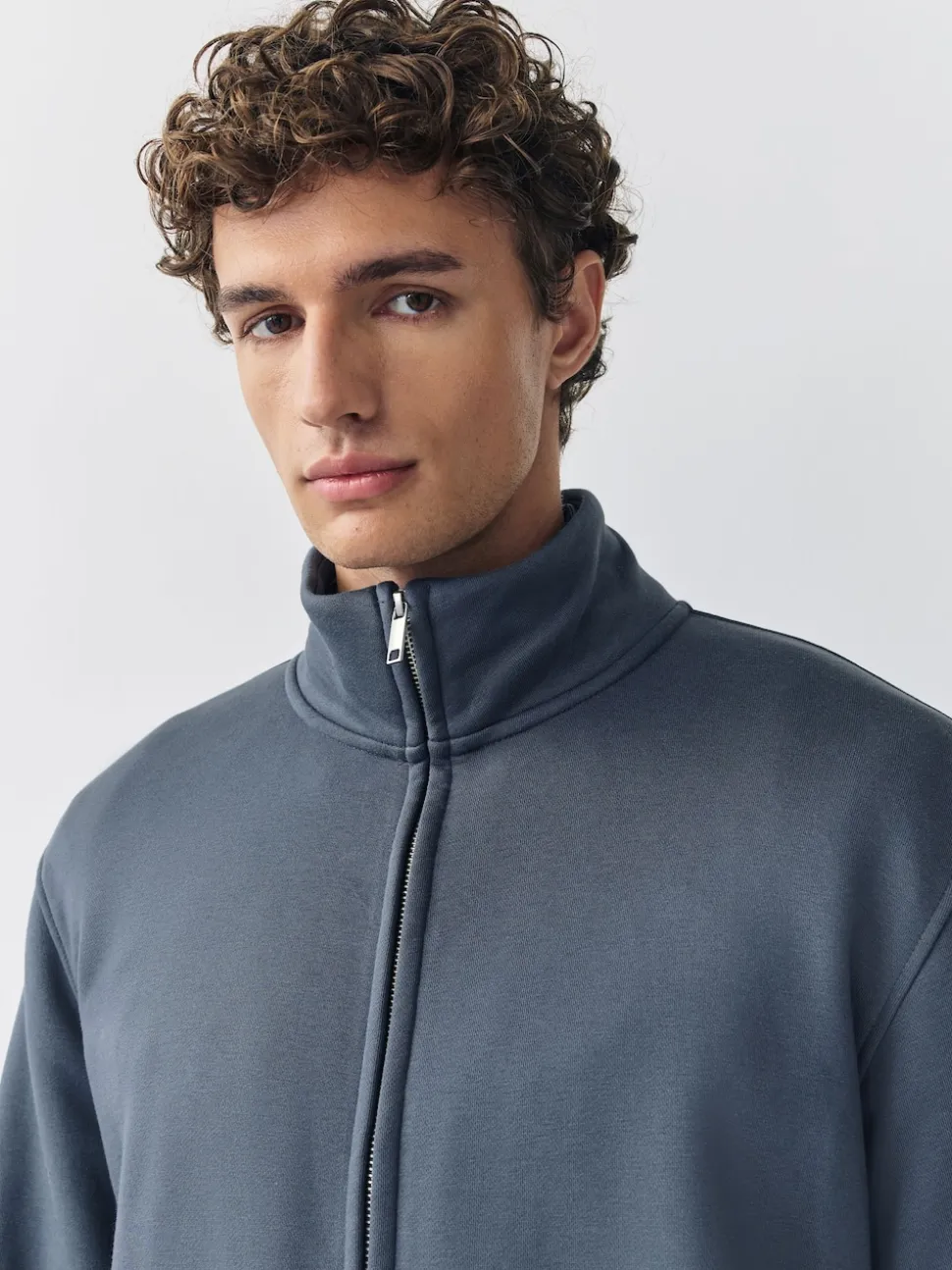 Blue Cotton Rich Jersey Full Zip Funnel Neck Sweatshirt