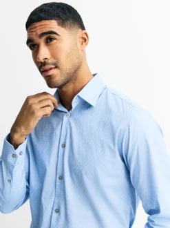 Blue Dobby Slim Fit Cotton Stretch Long Sleeve Formal Shirt