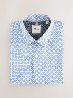 Blue Fan Print Easy Iron With Short Sleeve Oxford Shirt