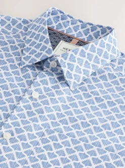 Blue Fan Print Easy Iron With Short Sleeve Oxford Shirt