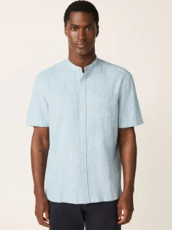 Blue Grandad Collar Cotton Linen Blend Short Sleeve Shirt