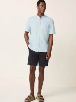 Blue Grandad Collar Cotton Linen Blend Short Sleeve Shirt
