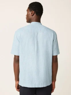 Blue Grandad Collar Cotton Linen Blend Short Sleeve Shirt