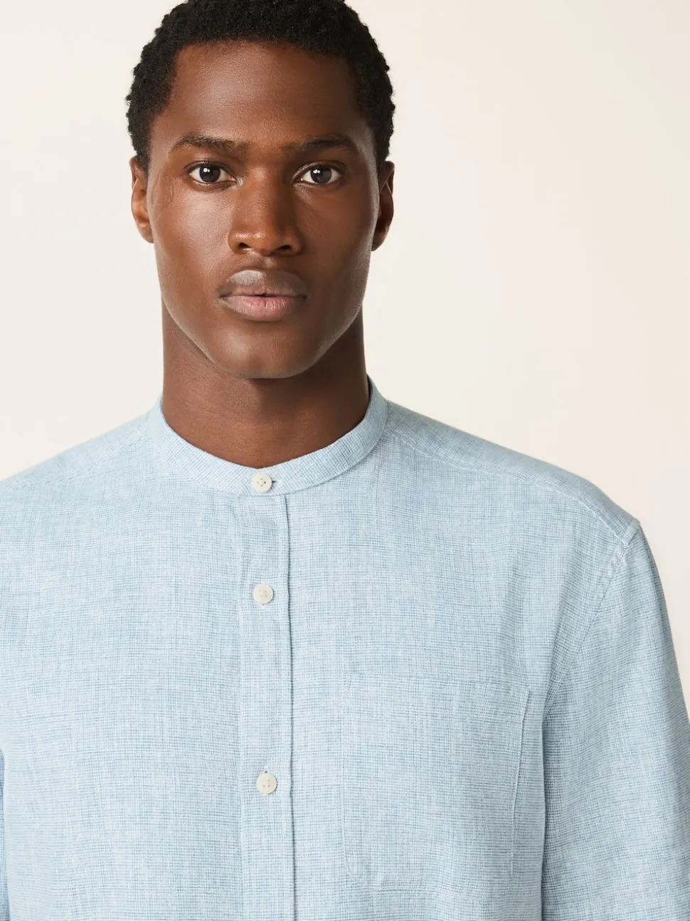 Blue Grandad Collar Cotton Linen Blend Short Sleeve Shirt