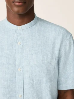 Blue Grandad Collar Cotton Linen Blend Short Sleeve Shirt