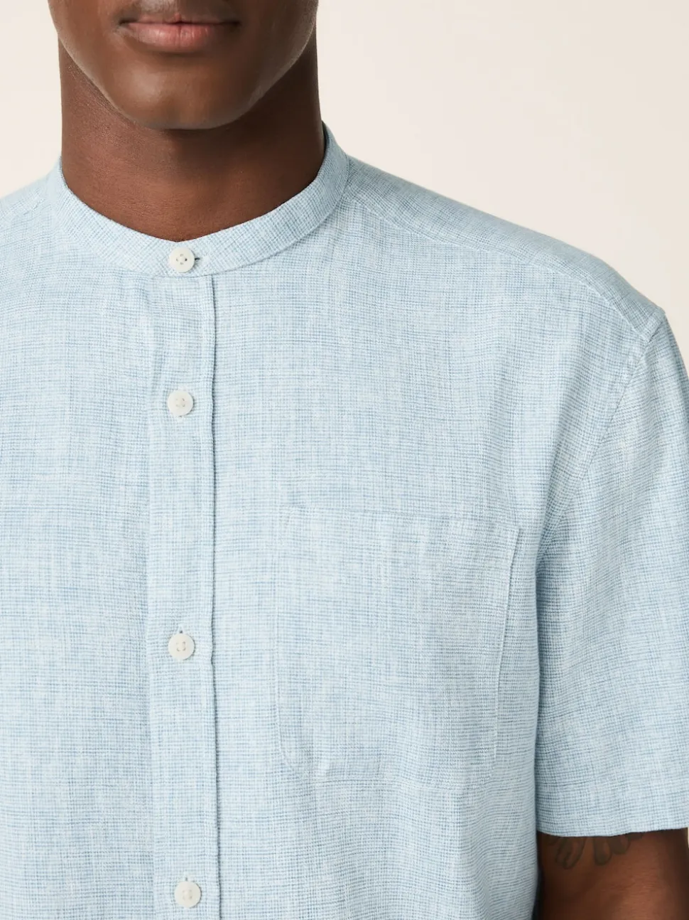 Blue Grandad Collar Cotton Linen Blend Short Sleeve Shirt