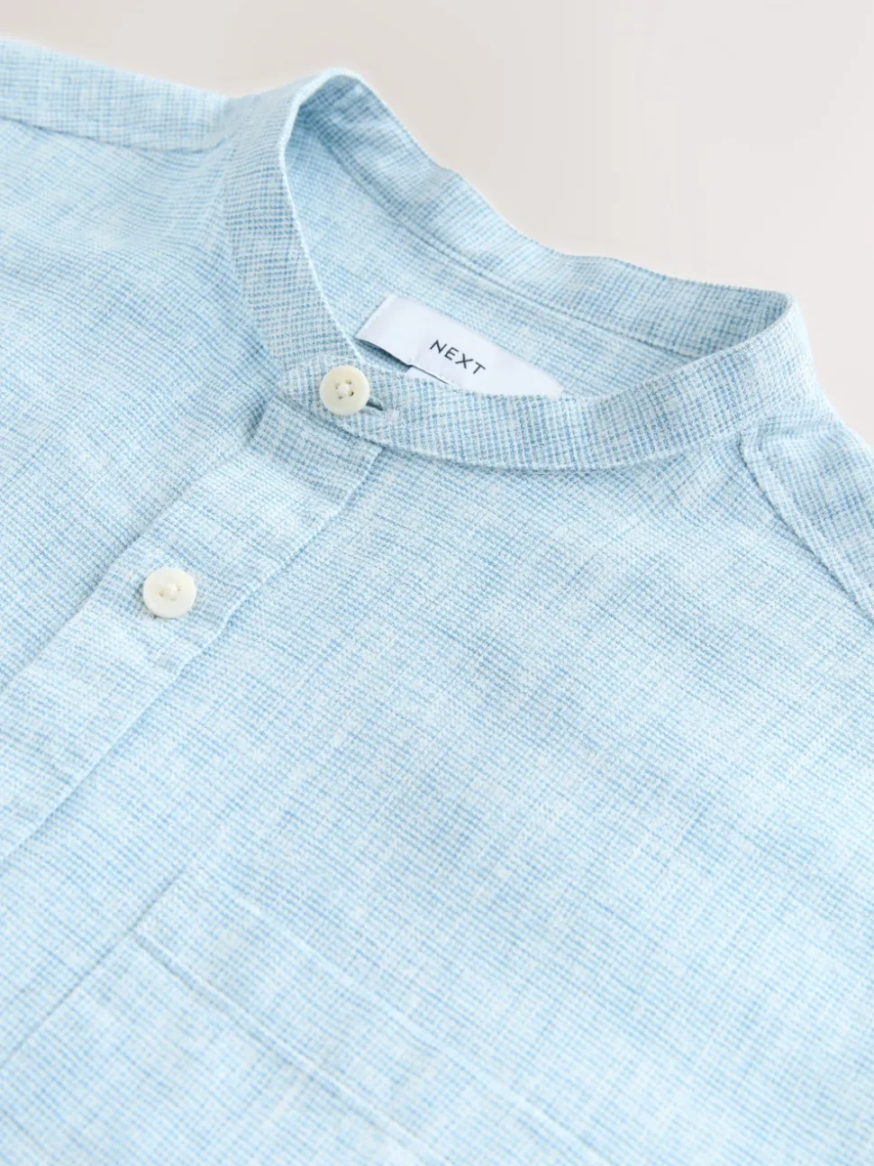 Blue Grandad Collar Cotton Linen Blend Short Sleeve Shirt