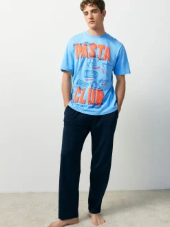 Blue Graphic Short Sleeve Jersey Pyjamas Set