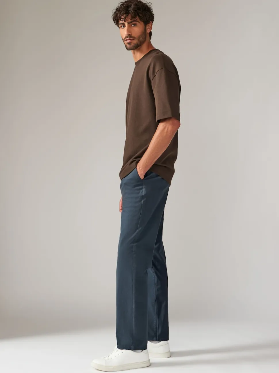 Blue Grey Mid Straight Fit Stretch Chinos Trousers