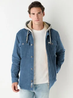 Blue Hooded Corduroy Borg Lined Shacket
