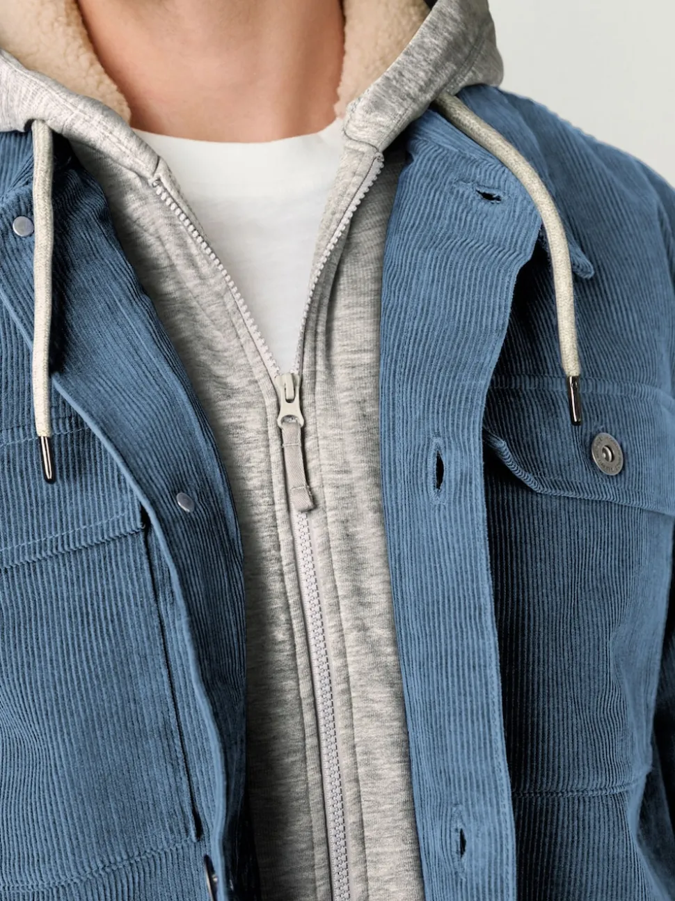 Blue Hooded Corduroy Borg Lined Shacket
