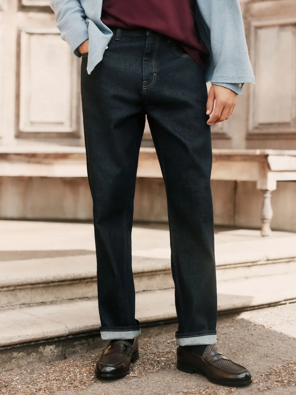 Blue Indigo Rinse Straight Fit Signature Brushed Cosy Denim Jeans With Wool
