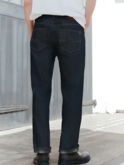 Blue Indigo Rinse Straight Fit Signature Brushed Cosy Check Denim Jeans