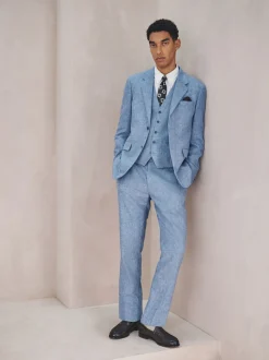 Blue Linen Blend Texture Suit Waistcoat