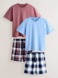 Blue/ Mauve Purple Cosy Short Sleeve Pyjamas Set 2 Pack