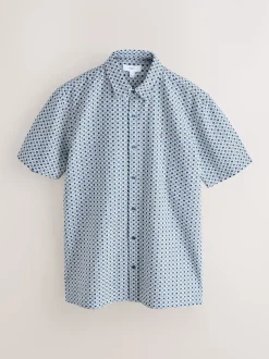 Blue Printed Stretch Oxford Short Sleeve Shirt