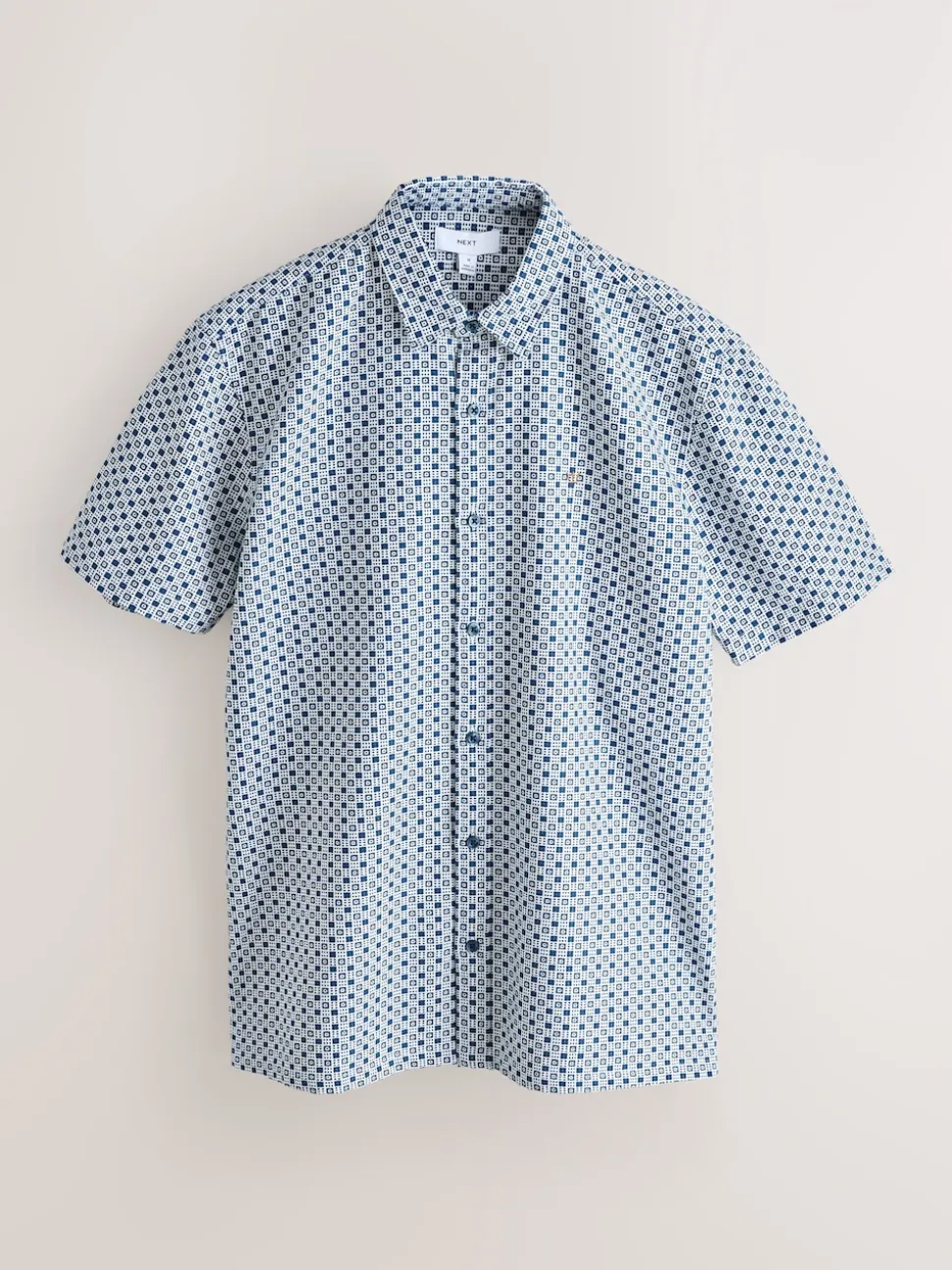 Blue Printed Stretch Oxford Short Sleeve Shirt