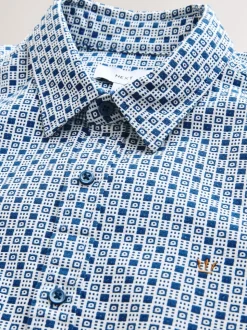 Blue Printed Stretch Oxford Short Sleeve Shirt