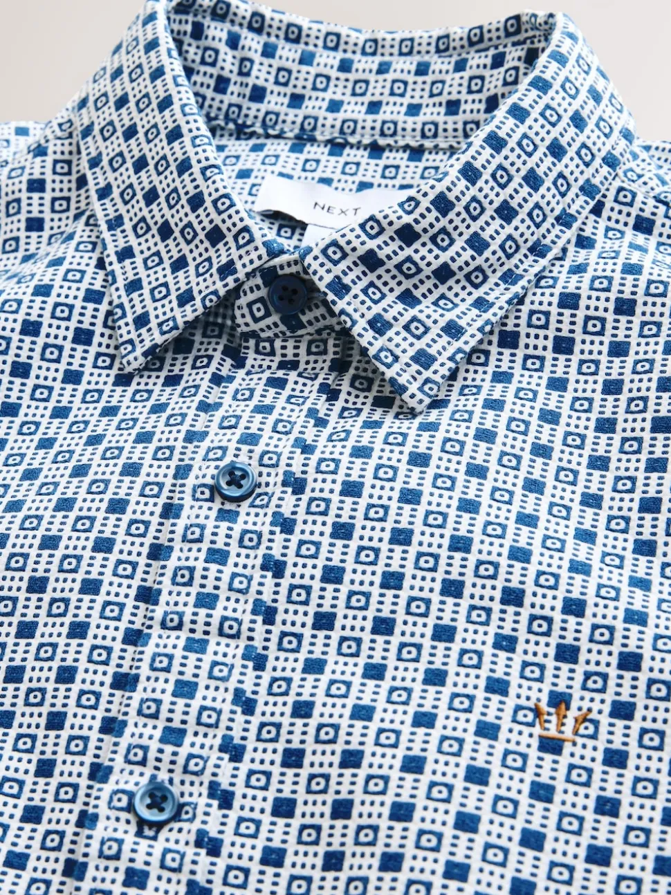 Blue Printed Stretch Oxford Short Sleeve Shirt