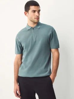 Blue Quarter Zip N.Premium Relaxed Fit Mid Weight Short Sleeve Knit Polo Shirt