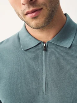 Blue Quarter Zip N.Premium Relaxed Fit Mid Weight Short Sleeve Knit Polo Shirt
