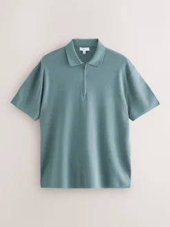 Blue Quarter Zip N.Premium Relaxed Fit Mid Weight Short Sleeve Knit Polo Shirt