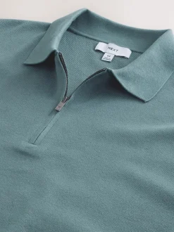 Blue Quarter Zip N.Premium Relaxed Fit Mid Weight Short Sleeve Knit Polo Shirt