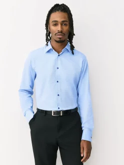 Blue Regular Fit 100% Cotton Textured Long Sleeve Formal Shirt with Trim