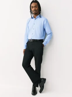 Blue Regular Fit 100% Cotton Textured Long Sleeve Formal Shirt with Trim