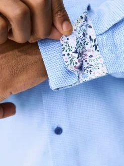 Blue Regular Fit 100% Cotton Textured Long Sleeve Formal Shirt with Trim